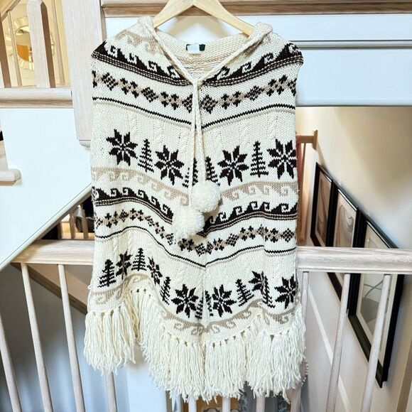 J. Crew Hand-knit 100% Wool Fair isle Motif Fringe Hooded Poncho One Size - Picture 6 of 13